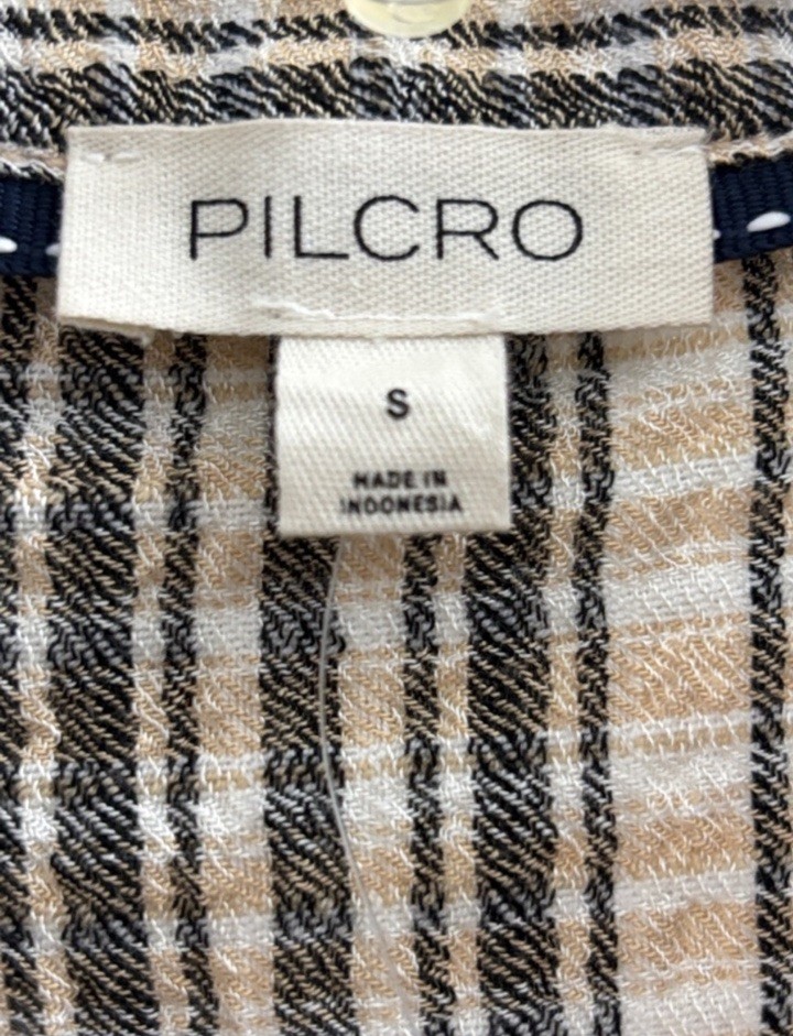 Pilcro Women’s Plaid Ruched Slim Fit Short Sleeve Collared Button Blouse S