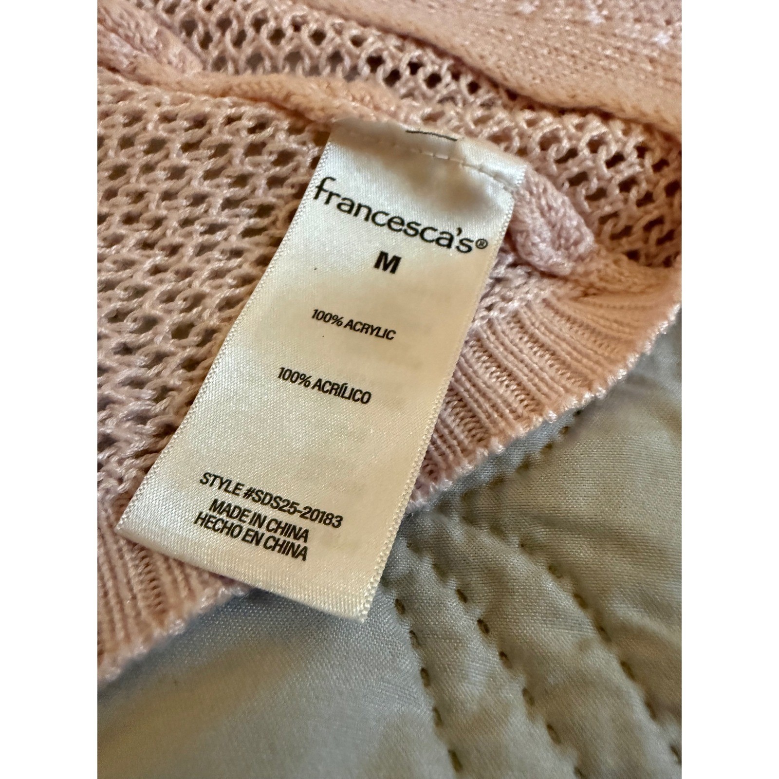 Francesca’s Blush Pink Open Knit Cropped Bolero Shrug Sweater Size Medium
