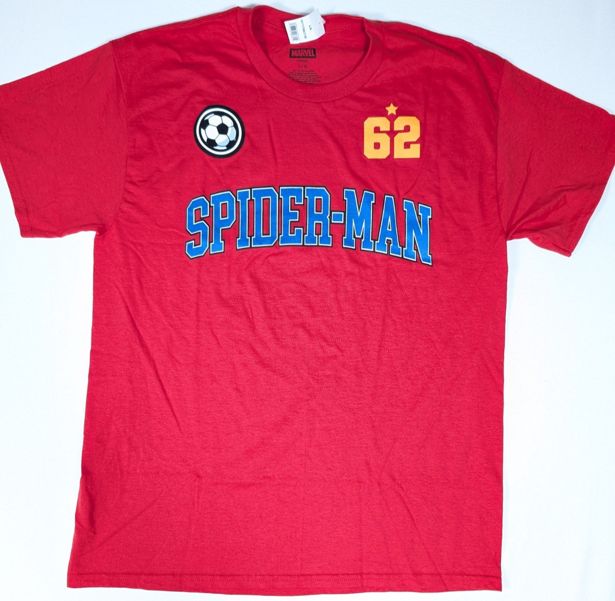 Marvel Spiderman Soccer Jersey Style Shirt Mens L Large Red Back Print Logo NWT
