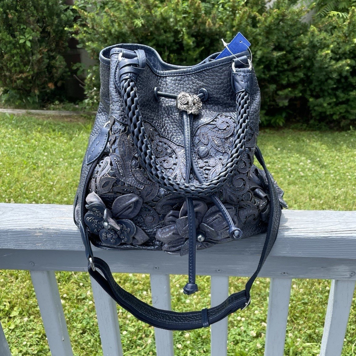 Brighton Blue Floral Beaded Applique Drawstring Bucket Shoulder Bag Strap