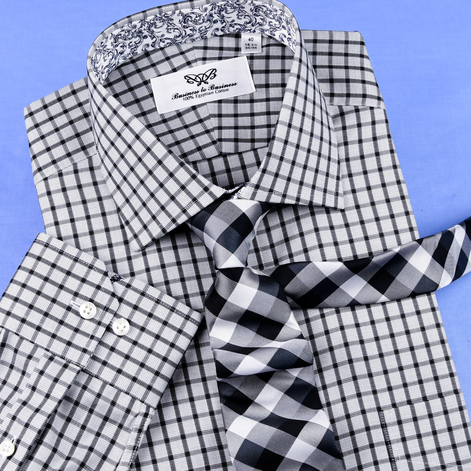 Grey Black Check Dress Shirt Formal Business Floral Paisley Barrel Button Cuff