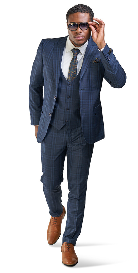Slim Fit 2 Button Navy Blue Windowpane Mens Suit 3 Piece Vested 35071 AZARMAN