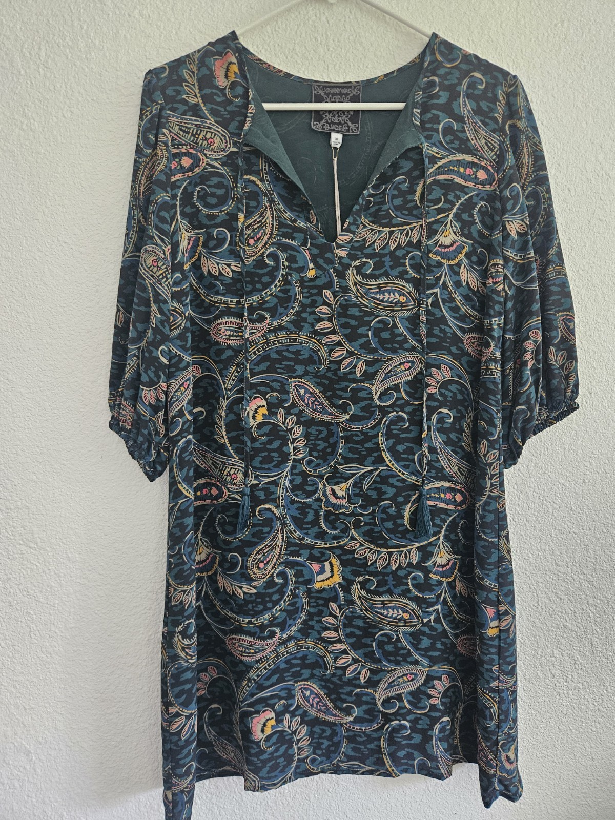 Johnny Was Jade Blue-Green silk Paisley V-Neck 3/4 Sleeve Shift Dress XS