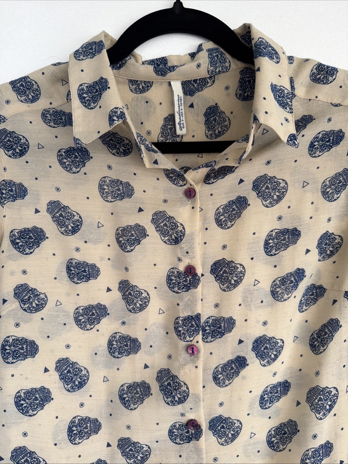 Stradivarius Sugar Skull Print Sheer Button -Down Shirt S