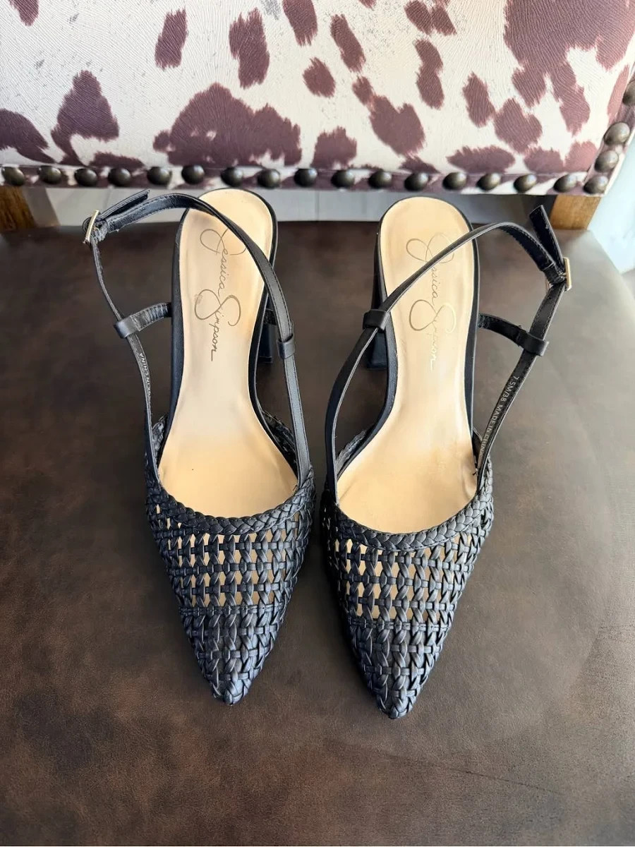 jessica simpson block heel woven pointed toe sandals