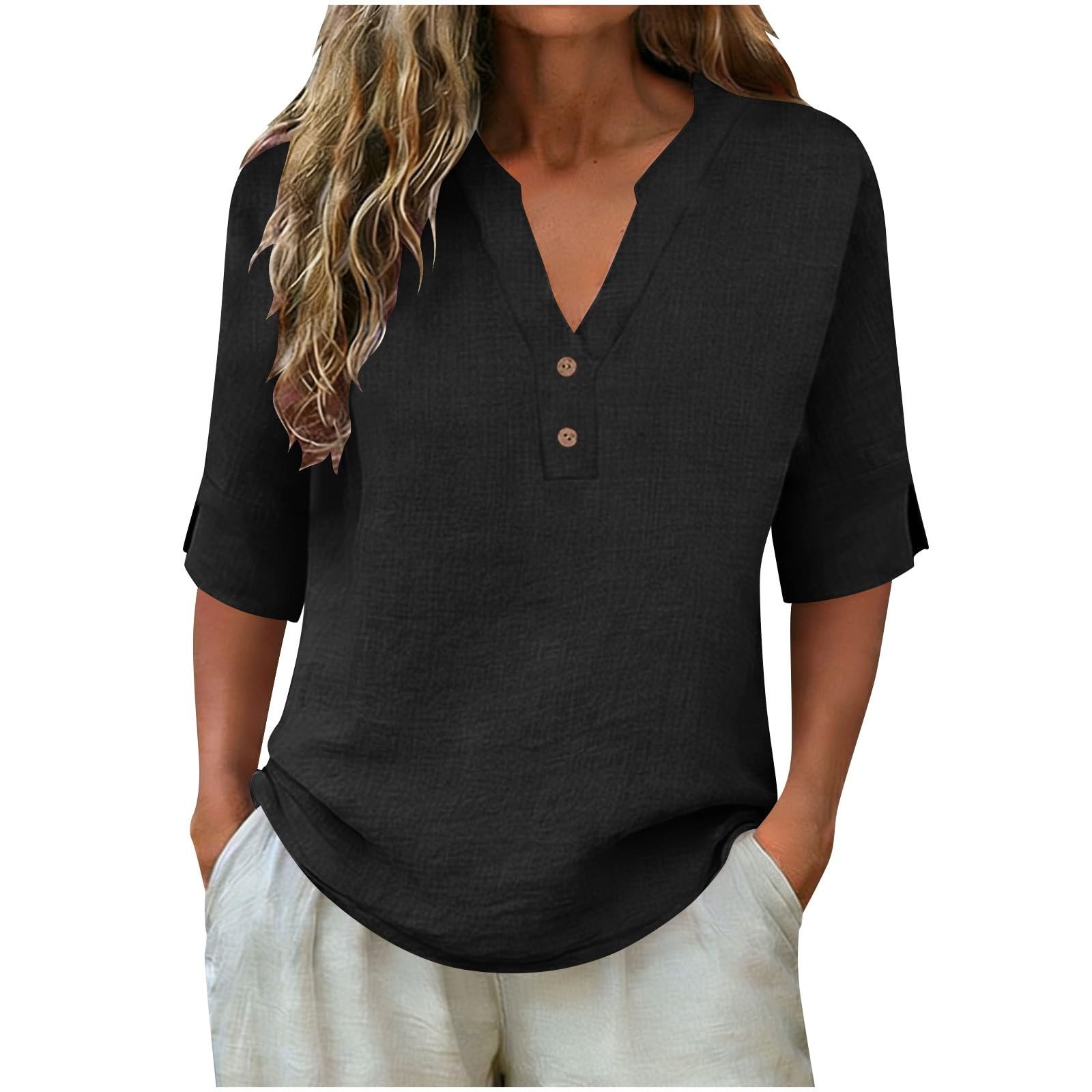 Women Linen Shirt V Neck 3/4 Sleeve Loose Fit Button Down Summer Top