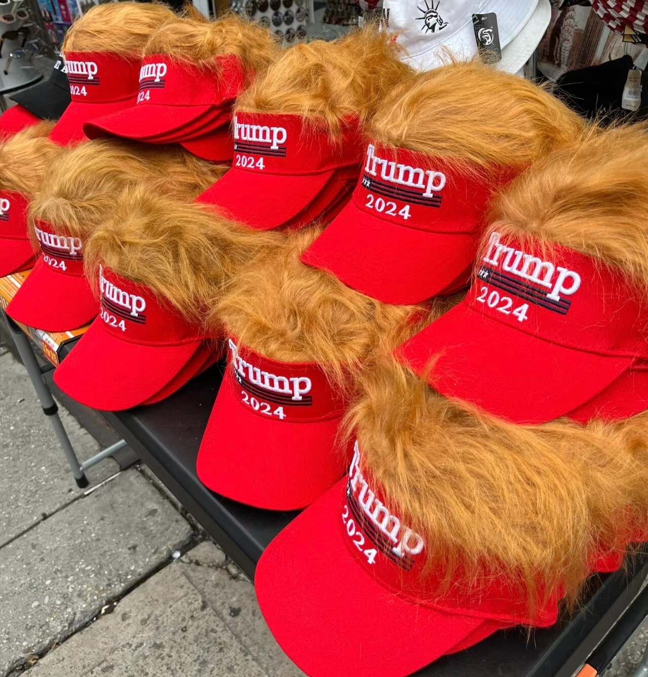 ON SALE!! 2024 President Donald TRUMP Red Trumpy Visor Hat w/Gold Hair Golf Cap