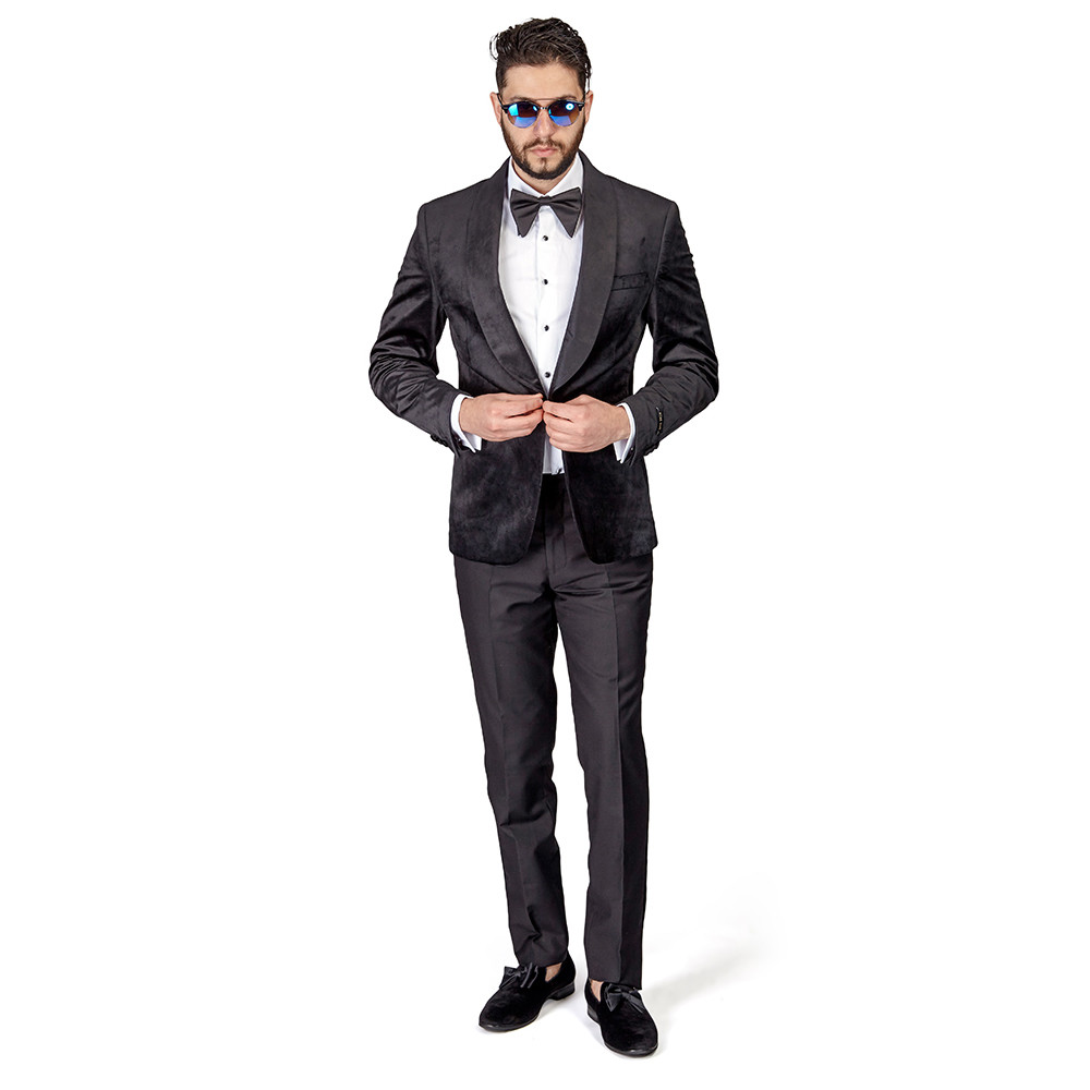 Black Shawl Lapel VELVET Jacket Slim Fit Tuxedo Black Pants 1Button BY AZAR MAN