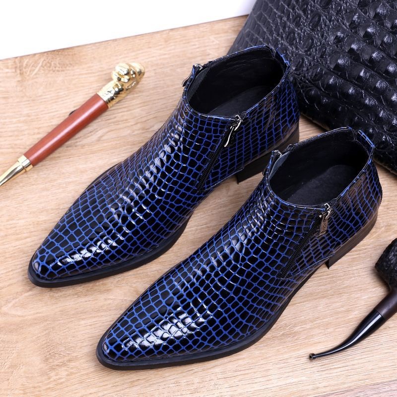 British Men’s Leather Zip Ankle Short Boots Block Heel Pointed Toe Dress Shoes