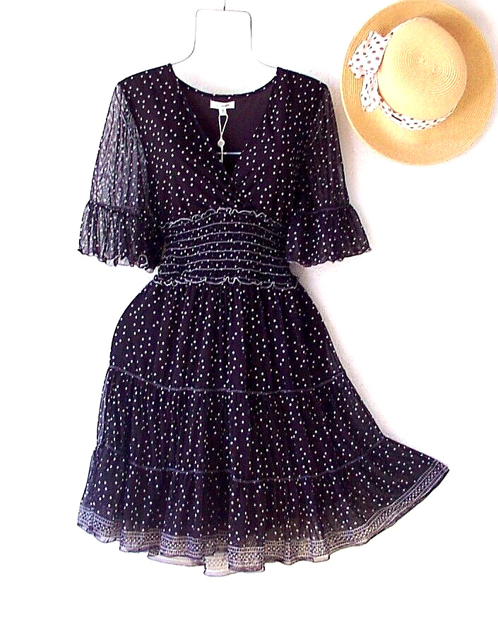 NWT~$138~Max Studio~Black & White Ivory Polka Dot Smocked Dress~Size Medium M