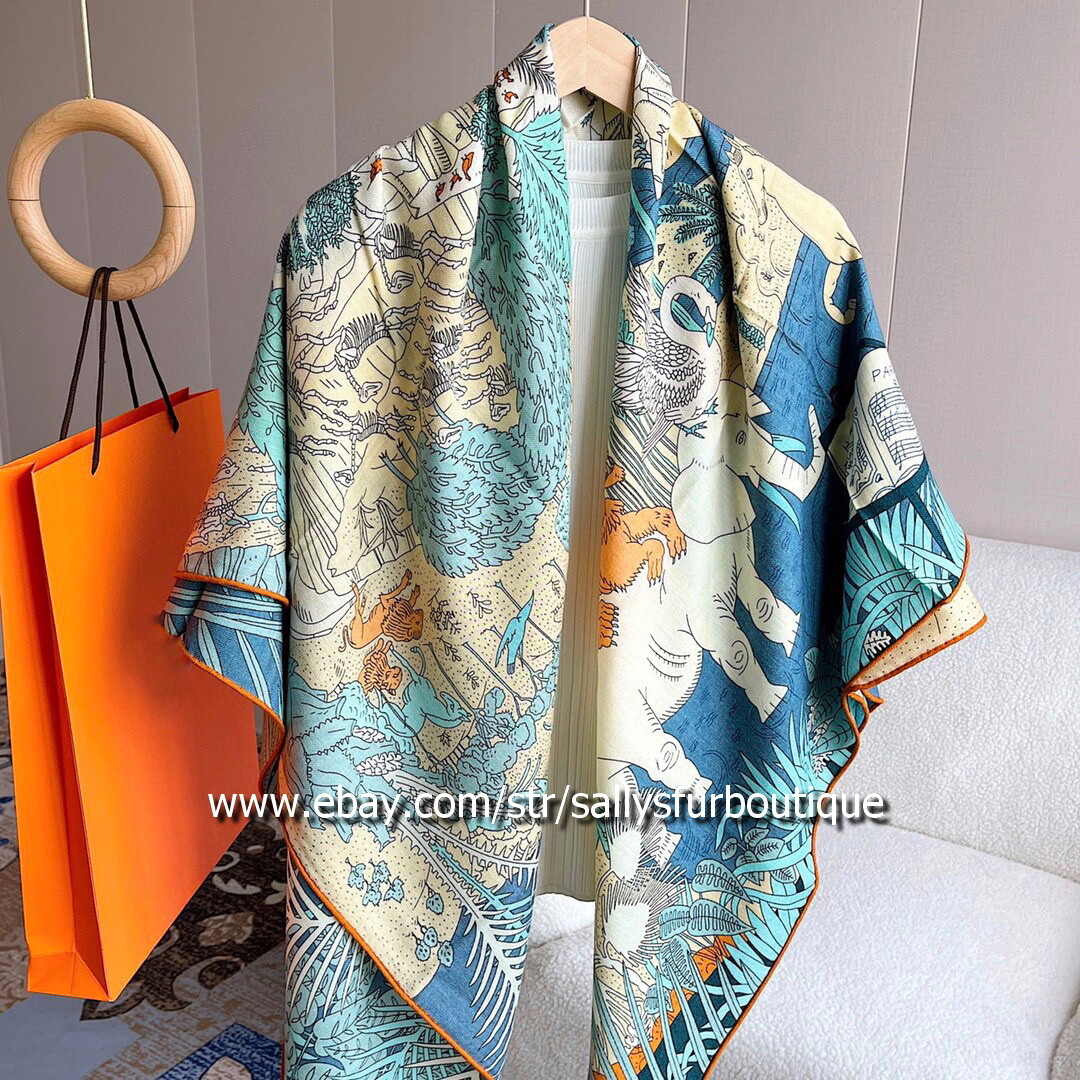 Sally Cashmere & Silk Wrap Scarf Animals Print Double Face Shawl Hand Rolled 53″