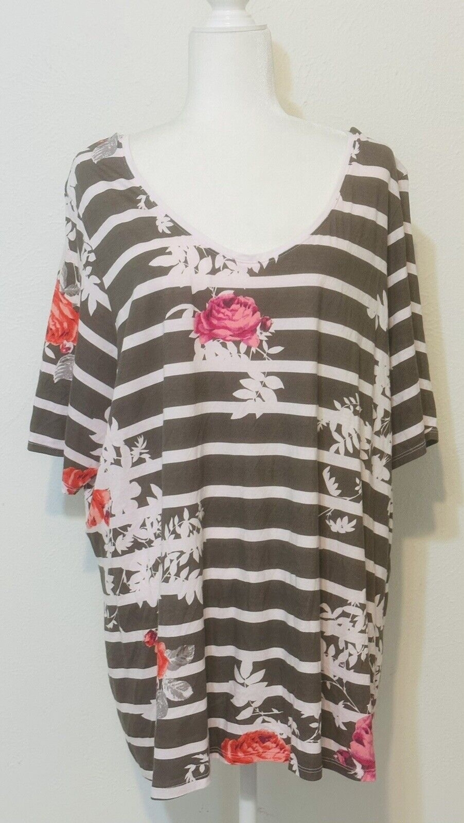 Lane Bryant Women Size 26 28 (3X) Supima Cotton Floral Striped Top Boho Cottage