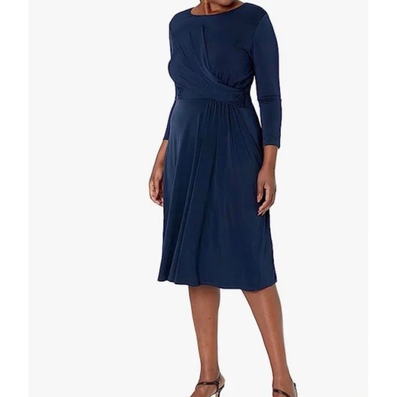 London Times Woman Sidney Midi Dress Sz 14W Draped Pleated Waist 3/4 Sleeve