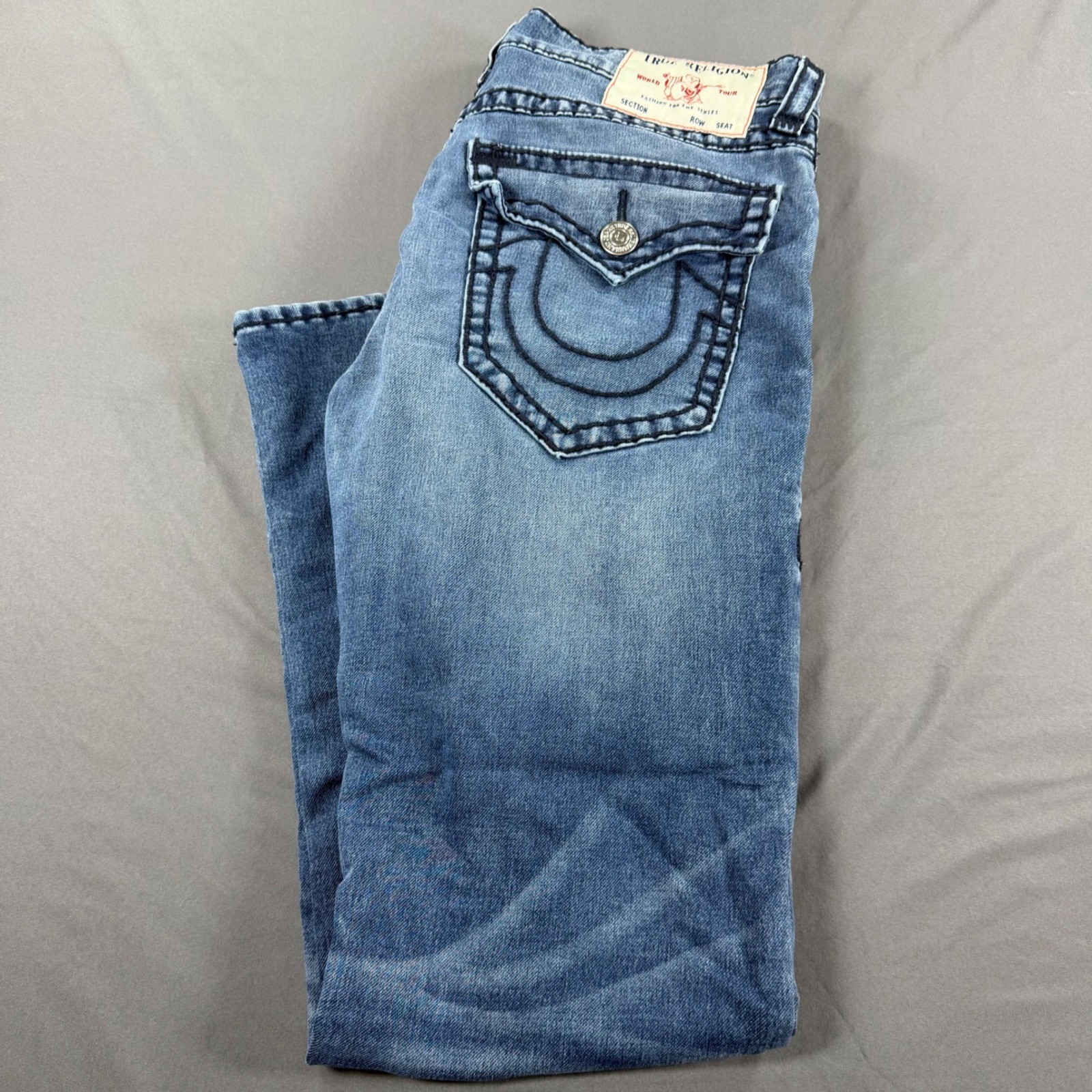True Religion Ricky Relaxed Straight Jeans Blue Contrast Stitch Size 36 Mens