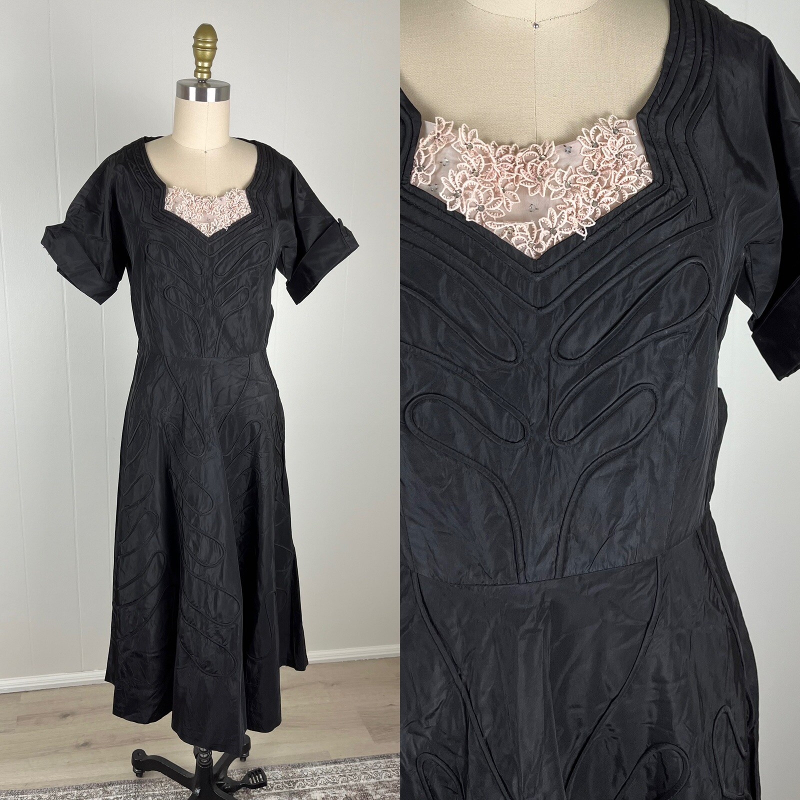 True Vintage 1940s 50s Black Soutache Dress Small 28 Waist Forever Young Puritan