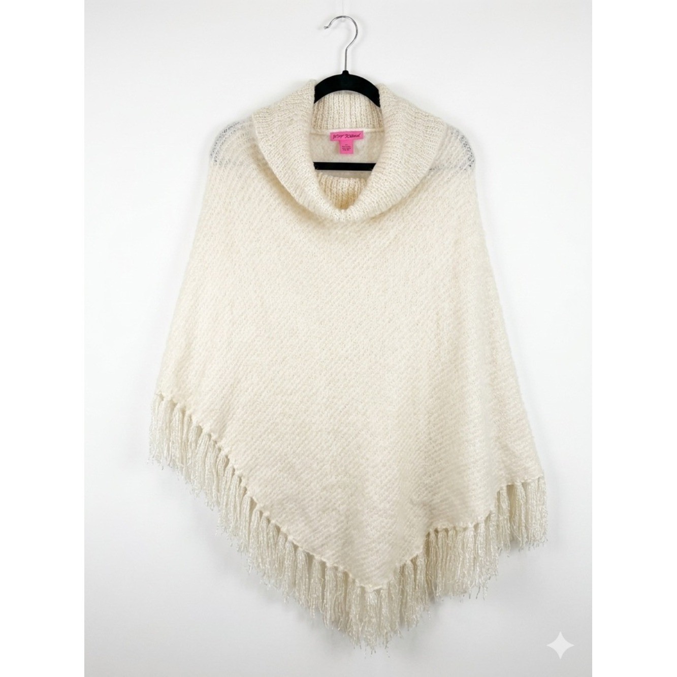 Betsey Johnson Cream Cowl Neck Fringe Asymmetrical Poncho Sweater One Size