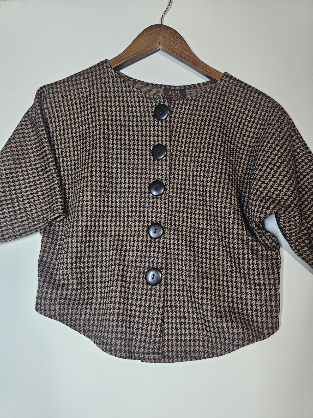 VTG 80s 90s FRIENDS Crop Houndstooth Jacket Knit Top Made in USA Small