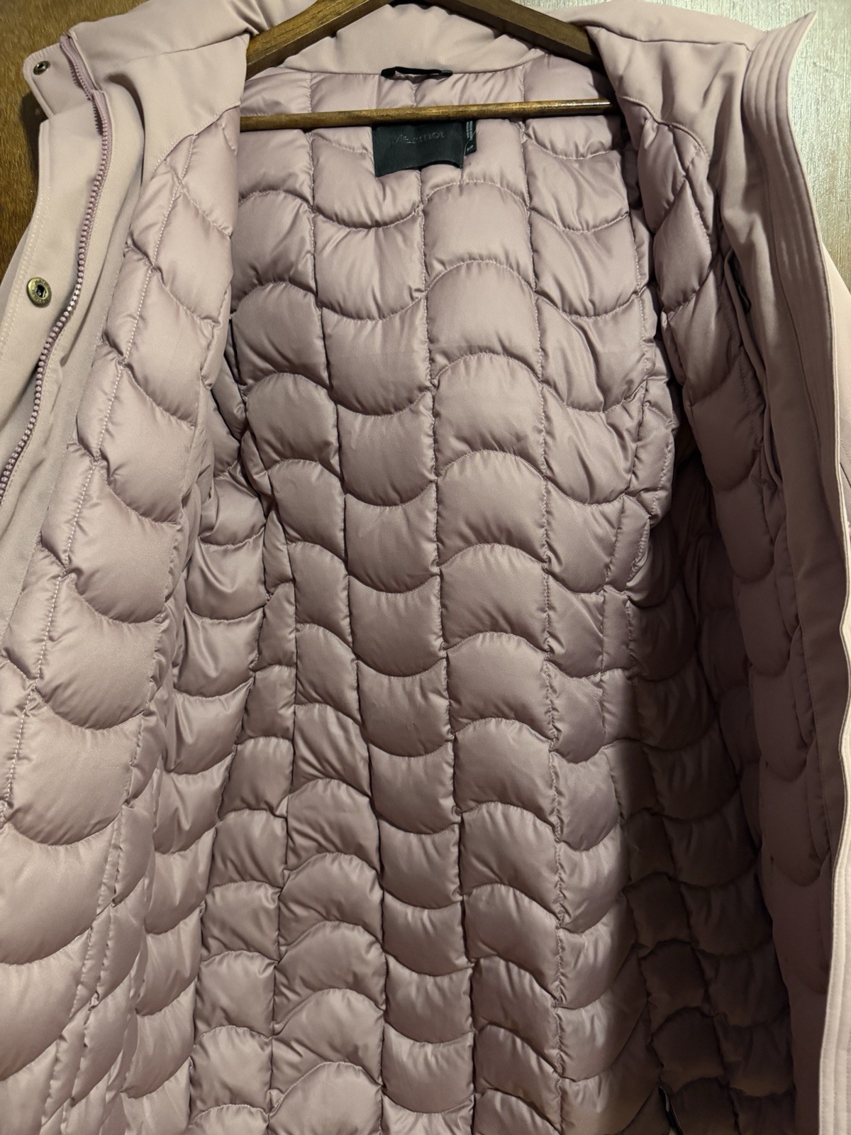 Marmot 700 Fill Down Women’s Long Hooded Puffer Coat Dusty Pink S/P