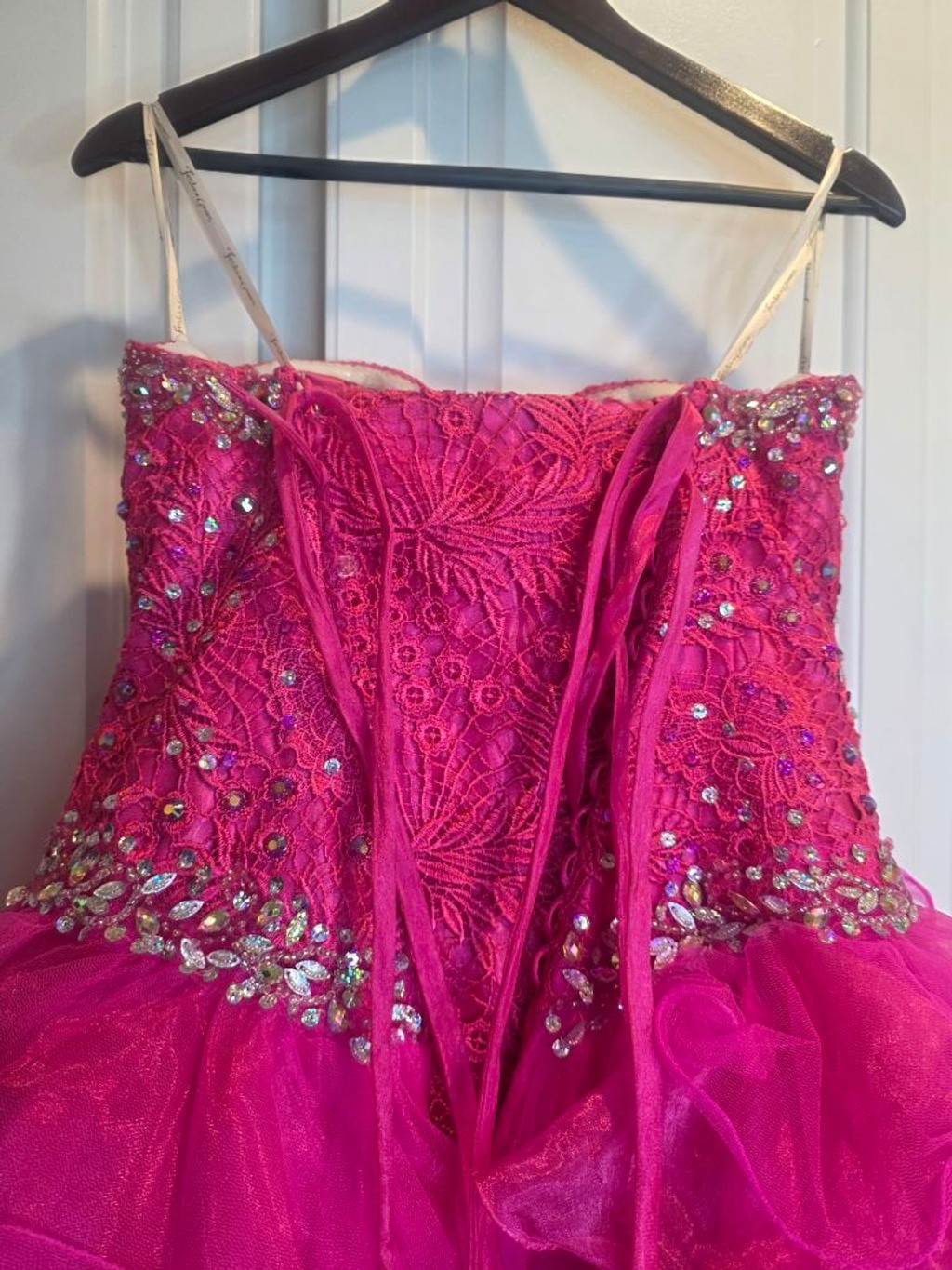 Hot Pink Beaded Ruffle Ball Gown Pageant Dress Size 4 Lace Up Corset Formal