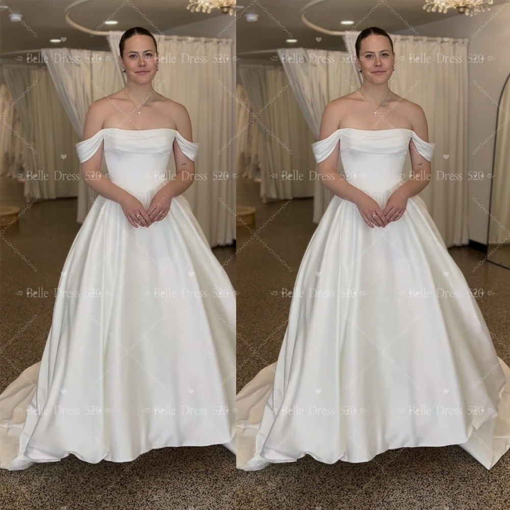 Stain Wedding Dresses with Sweep Train Off The Shoulder Sleeveless Bridal Gown