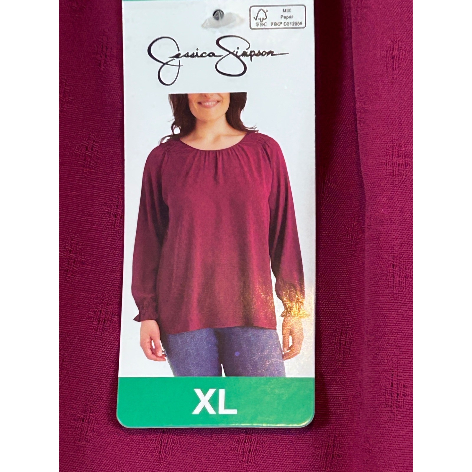 NWT Boho Women XL Berry Wine Smocked Long Sleeve Dobby Blouse Peasant Top Casual