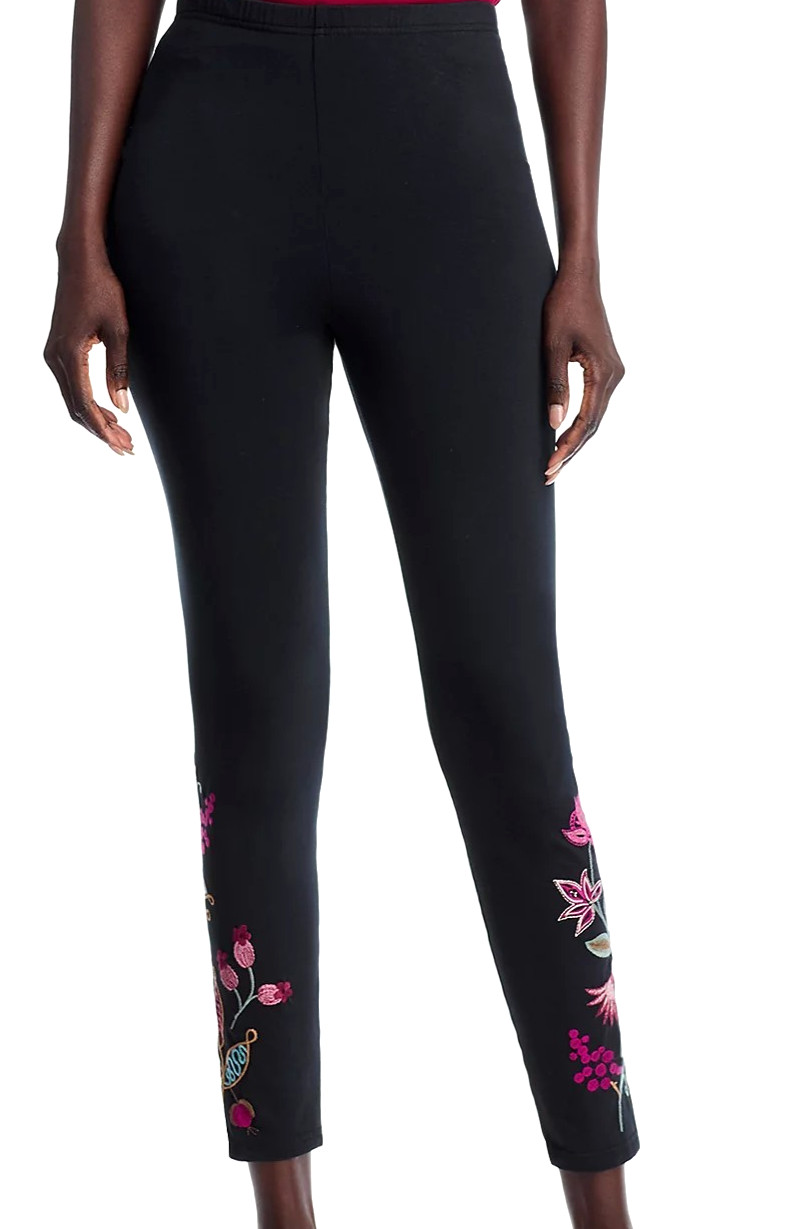 Johnny Was Penellope Floral Embroidery Stretch Cotton Leggings⭐Black L 150