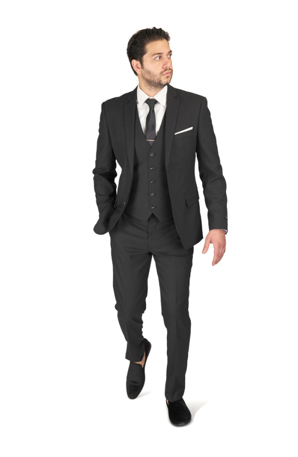 Slim Fit 2 Button Black 3 Piece Micro Texture Weave Mens Suit 11812 BY AZARMAN