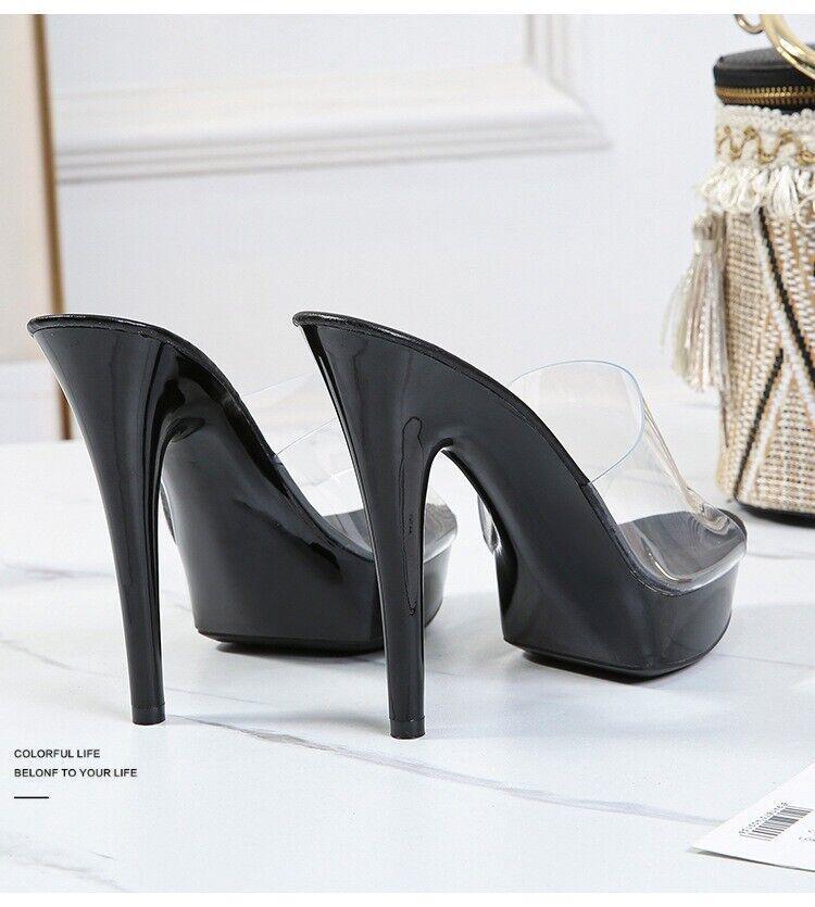Womens PVC Clear Silpper Platform High Heels Mules Sandals Shoes Slide Plus Size