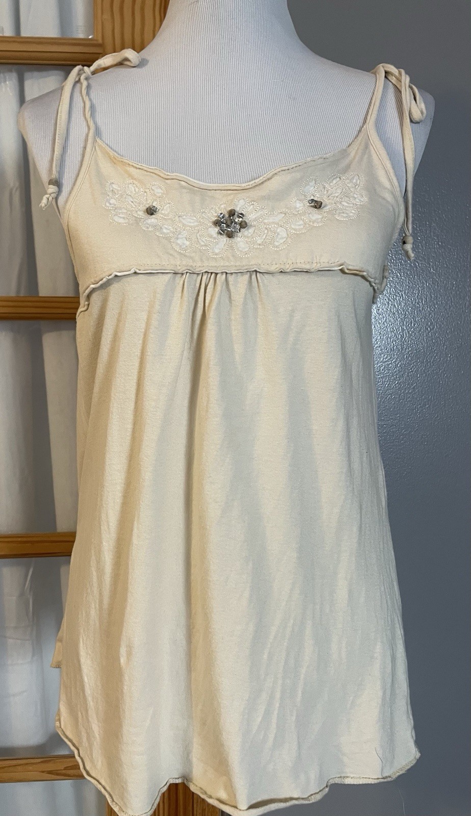 Y2K Xhilaration Tank Top Cami Juniors M Beige Beads Accent Sexy Casual
