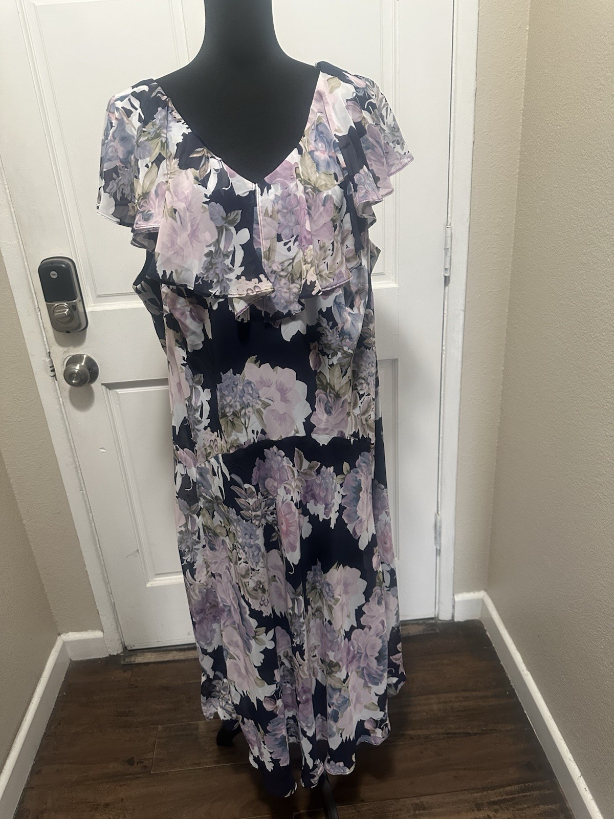 Connected Apparel 22W Navy Purple Floral Chiffon Maxi Dress V-Neck Ruffle