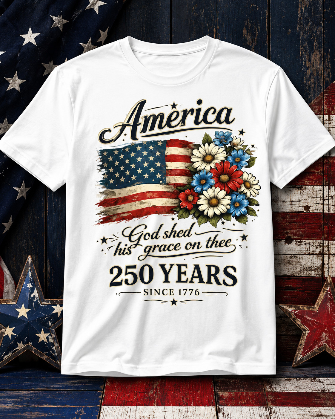 250th Anniversary Flag Floral USA Flag Patriotic 4th of July T-Shirt