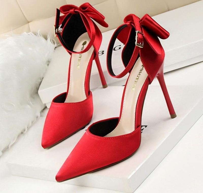 Chic Womens Faux Satin Sandals Bowknot High Heels Pointed Toe Casual Dress Shoes