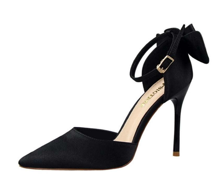 Chic Womens Faux Satin Sandals Bowknot High Heels Pointed Toe Casual Dress Shoes