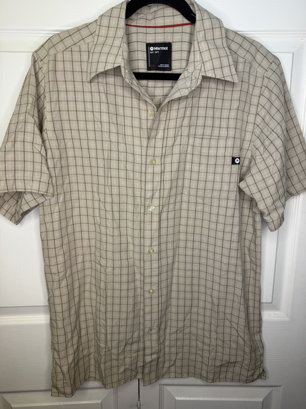 Marmot Mens M Beige Check Short Sleeve Button-Up Shirt Point Collar Pockets