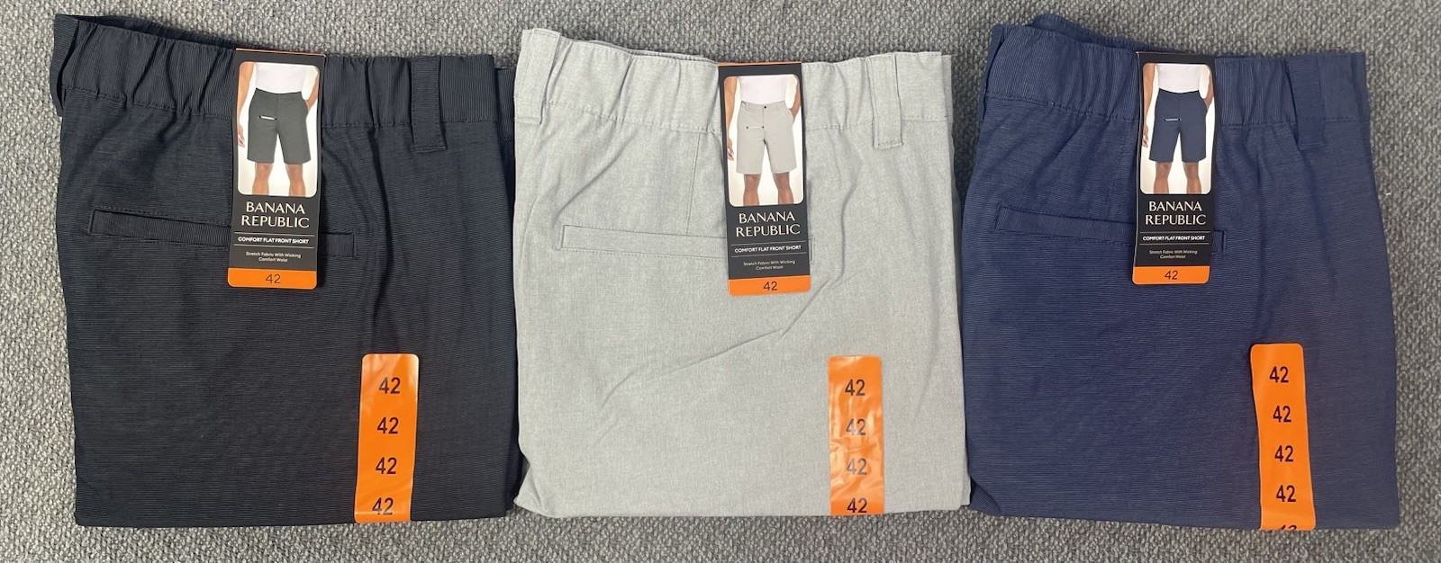 Banana Republic Men’s Lot of 3 Flat Front Shorts Size 42 Black, Gray & Blue NWT