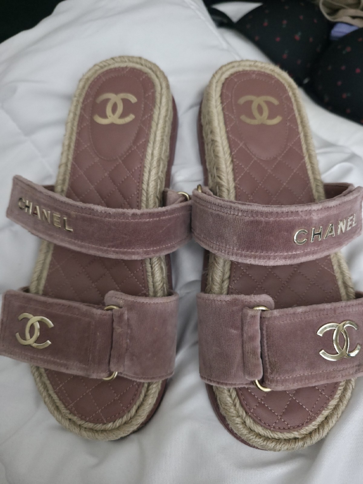 CHANEL Velvet Espadrille Hook-and-loop fastener Slipper L461754 149678670
