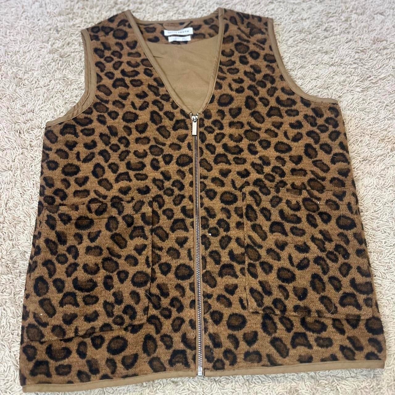 Native Youth Leopard Print Zip Up Vest Brown Animal Print Wool Blend XS Small