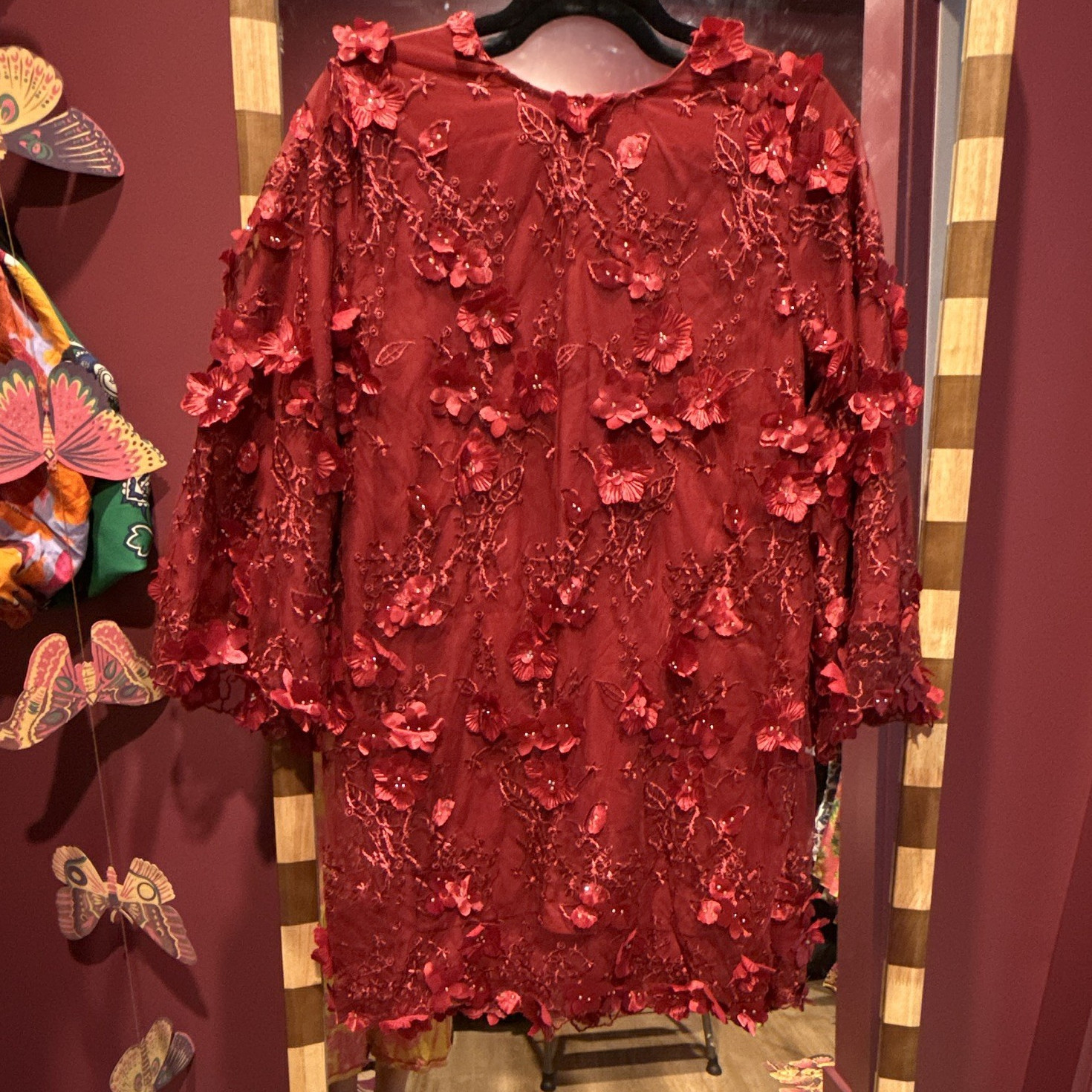 Mestiza New York 6 Red Floral Lace Shift Dress Crew Neck Embroidered Beaded