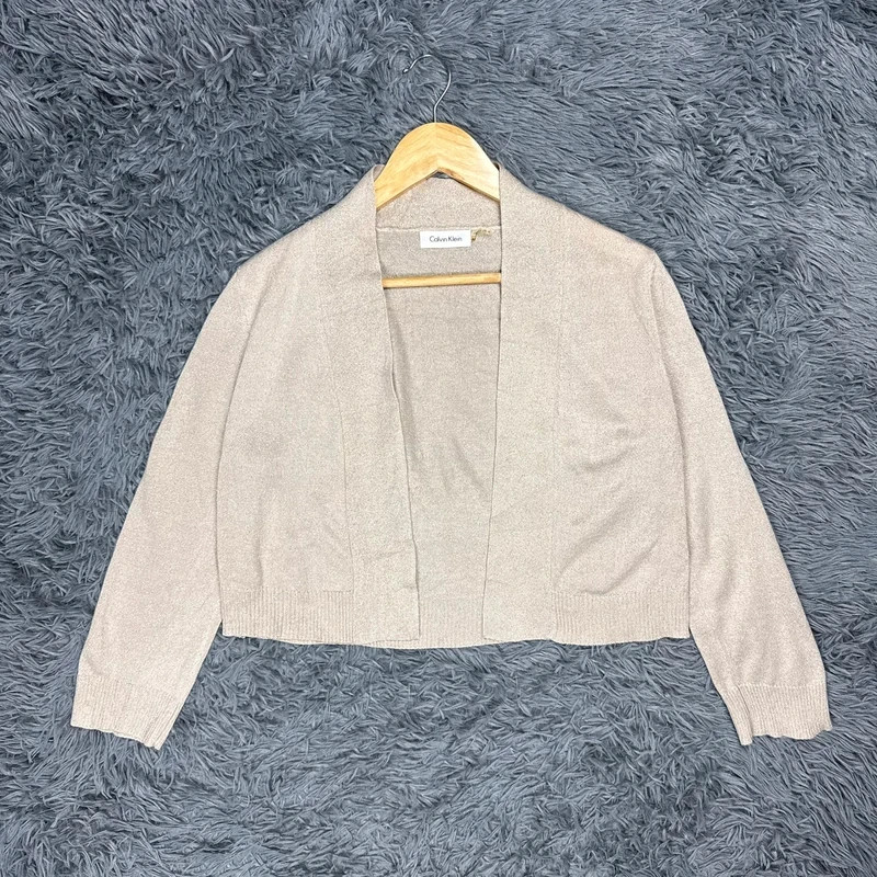 Calvin Klein Metallic Shimmer Open Front Cropped Cardigan Beige Medium M