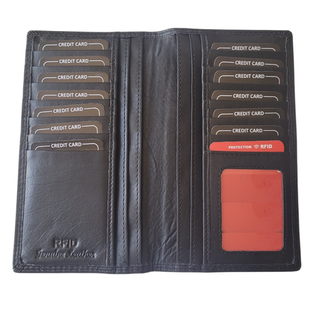 Genuine Soft Leather Long Bifold Wallet RFID Blocking Rodeo Wallet Black