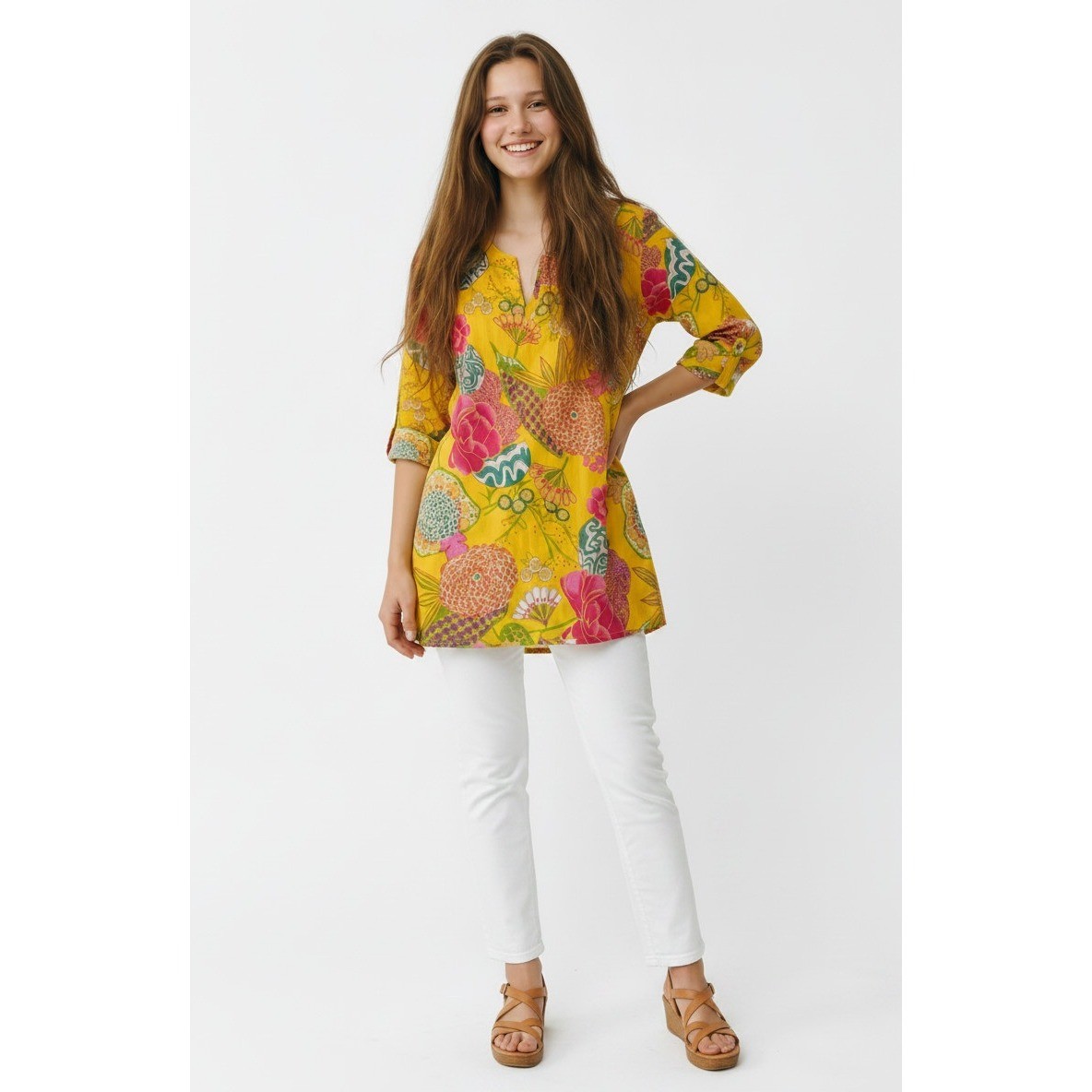 DOLMA Boho Yellow Floral 100% Cotton Kurta Tunic V-Neck 3/4 Sleeve Fits S/M