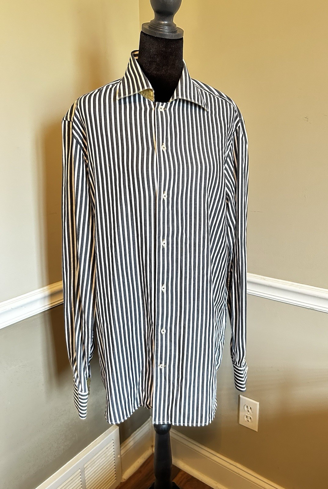 Gemelli Men’s Black/White Striped Dress Shirt 42 with 16 1/2 neck 100% Cotton