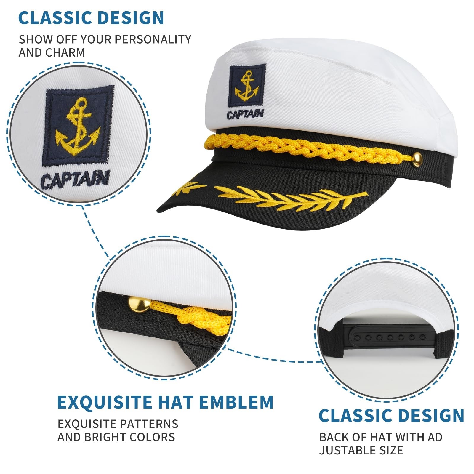 Yacht Sailor Hat, Navy Captain Cap, Adult Marine Admiral Costume 4 Pack White