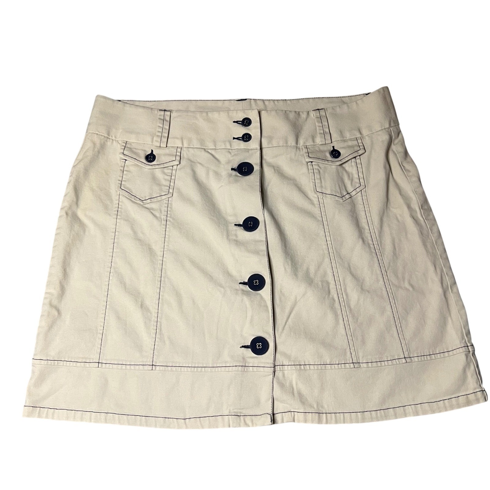 LL Bean Khaki Tan Canvas Button Front Mini Skirt Navy Contrast Stitching 16 Reg