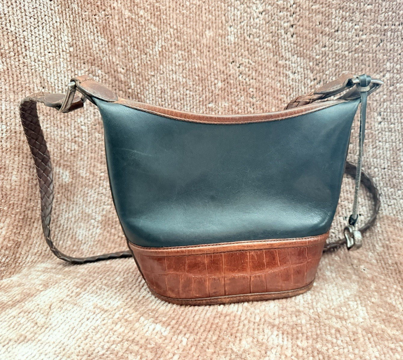 Brighton Black/Brown Crescent Shoulder Bag Zip Braided Strap Heart Charm