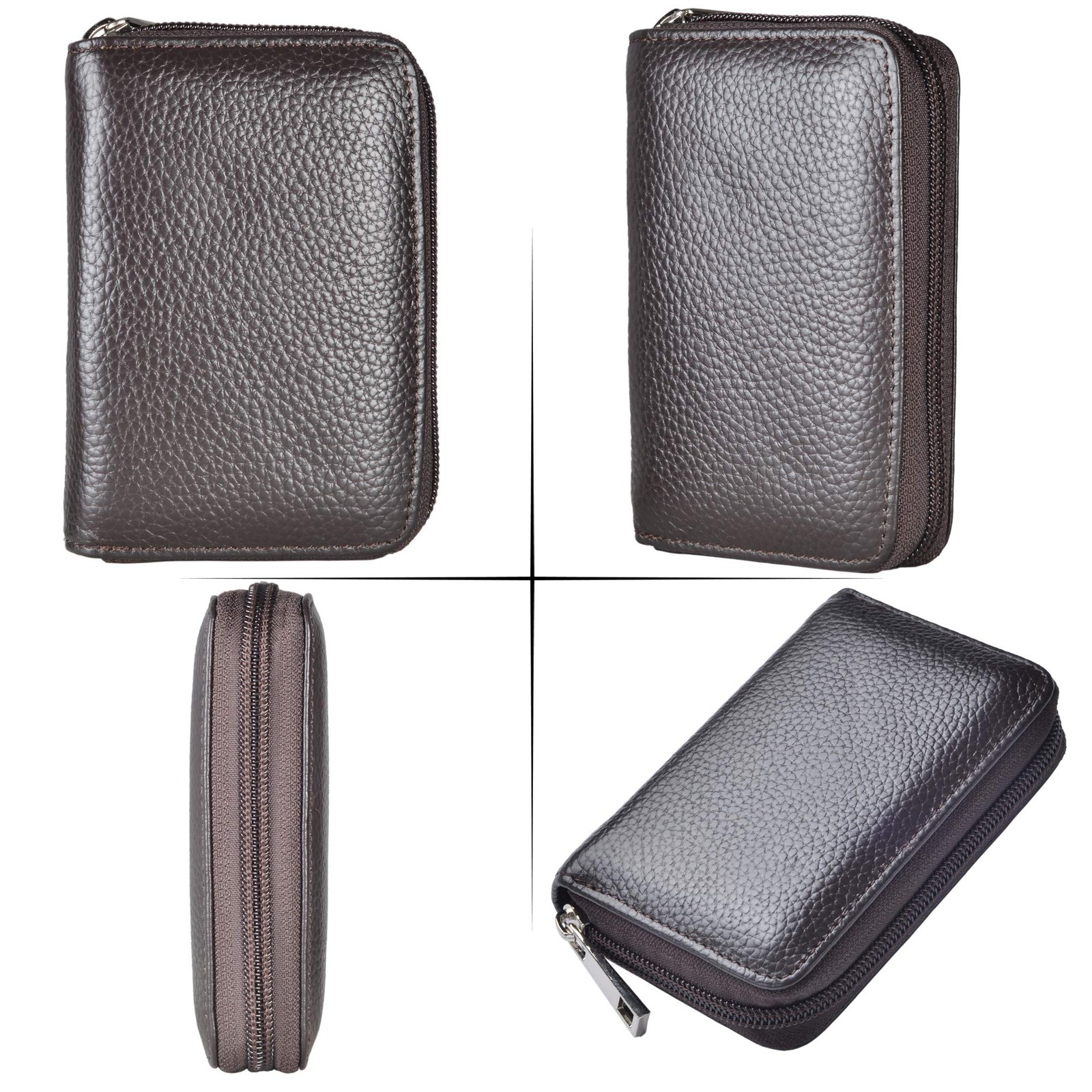 Genuine Leather Credit Card Holder Zipper Wallet With 26 Card Slots (Coffee)