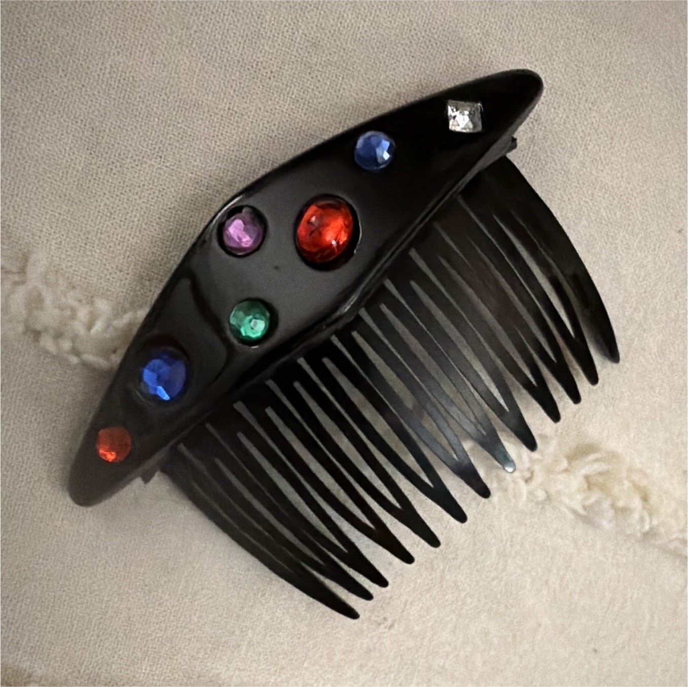 Vintage Black Plastic Hair Comb w/ Multicolor Rhinestone Accents