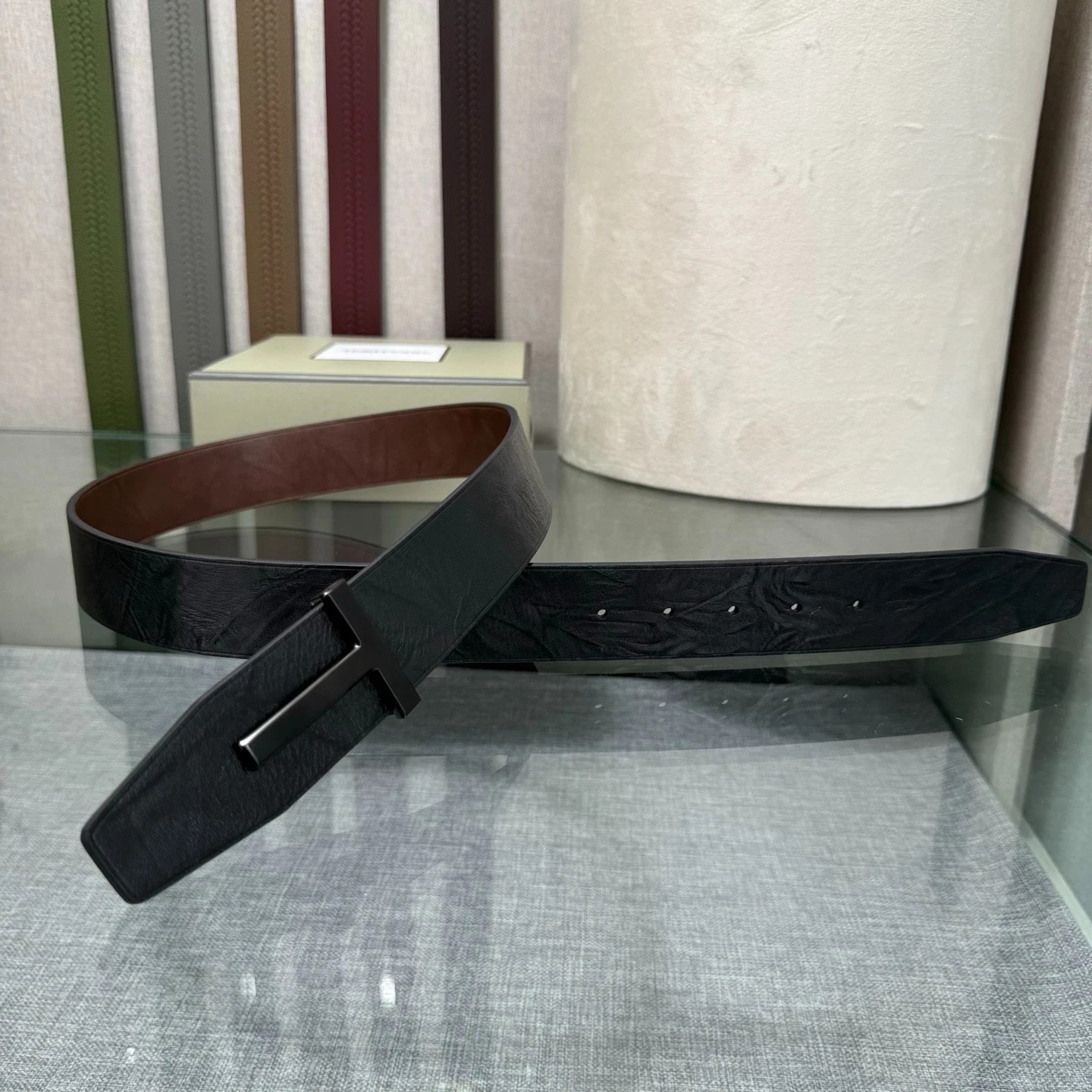 Tom Ford Black Brown Reversible Leather T Buckle 38mm Dress Belt w/ Box
