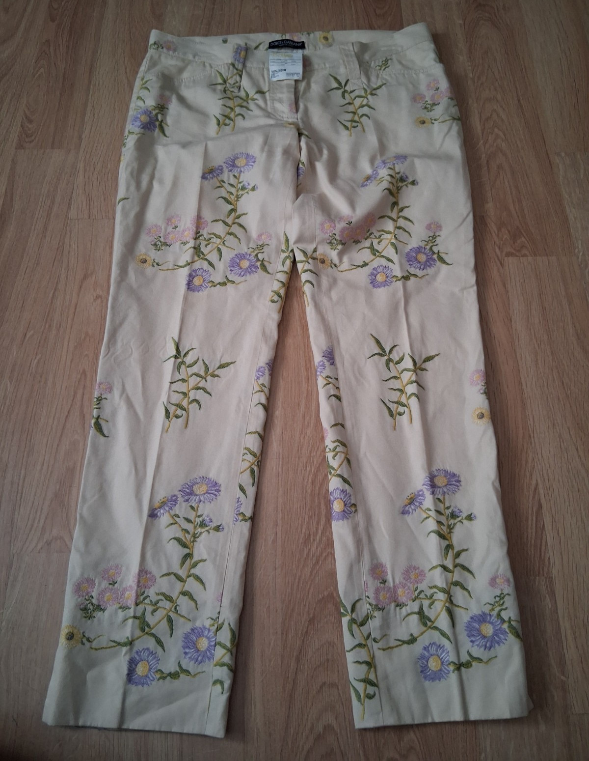 Dolce & Gabbana Women’s Floral Embroidered Beige Straight Leg Lined Pants