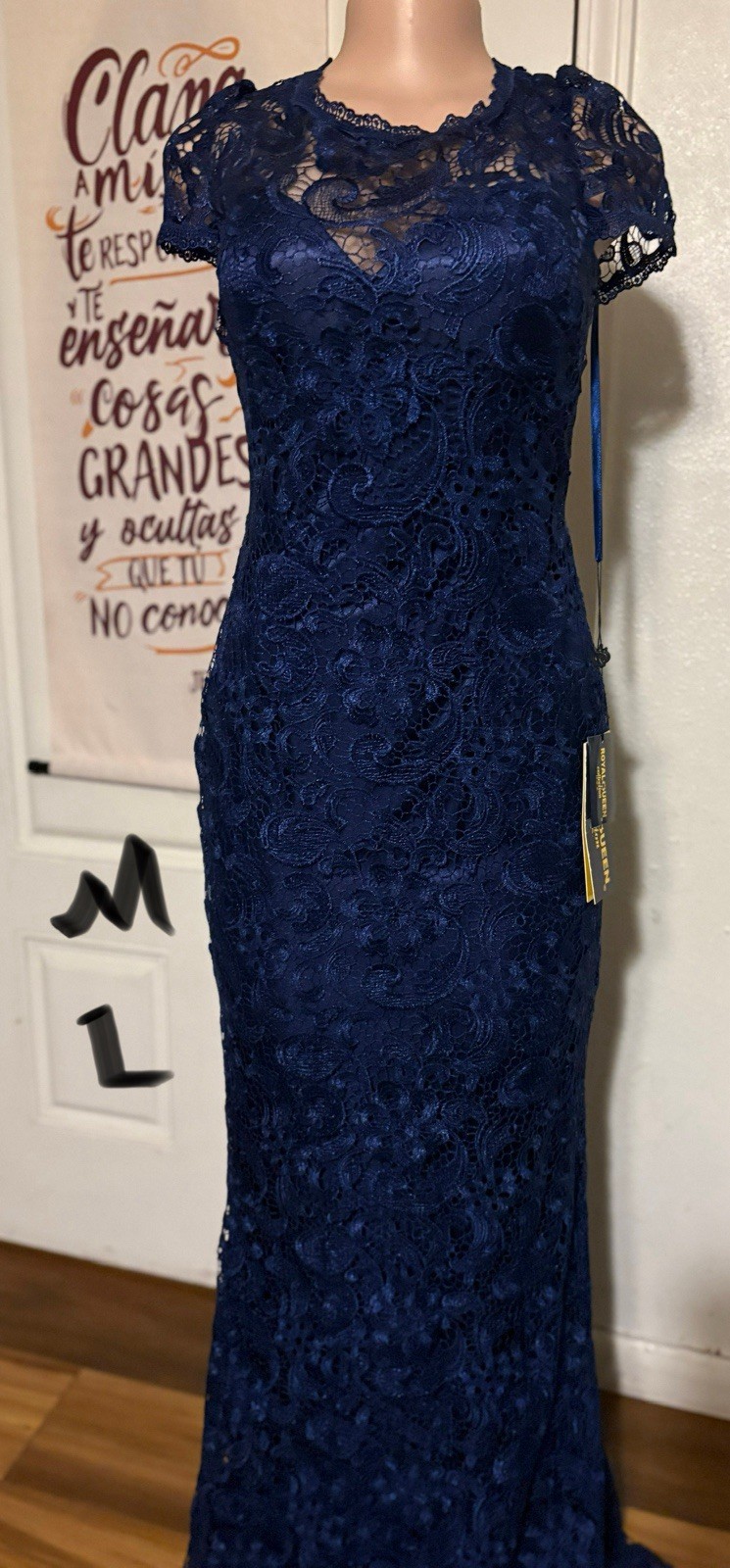 Marina Blue Lace Open Back Long Gown Floral Embroidered Round Neck L Zip